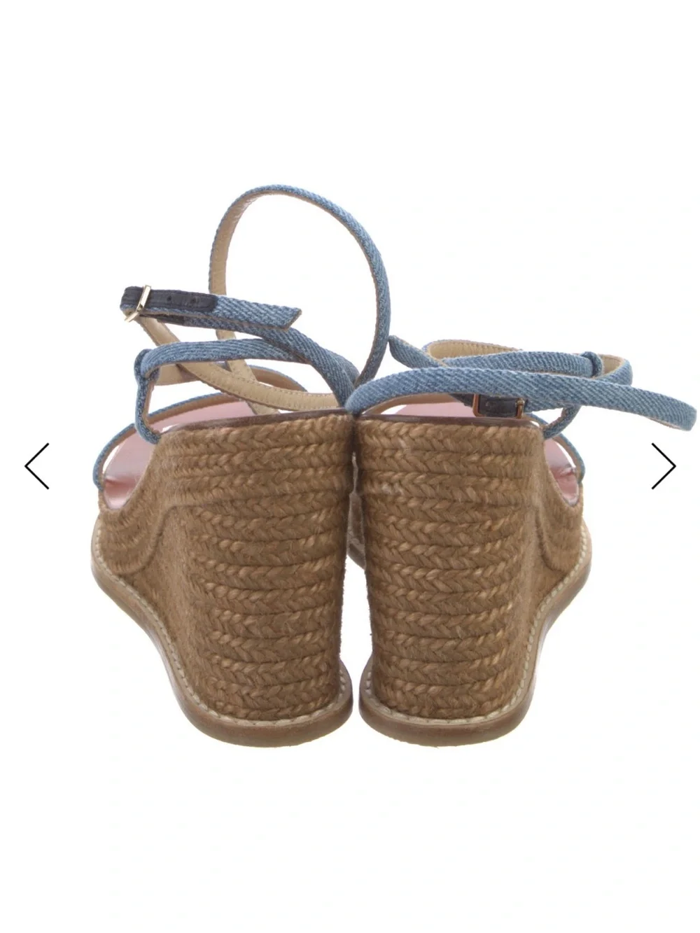 Jimmy Choo Denim Blue Strappy Wedge Sandal with Pink Insole